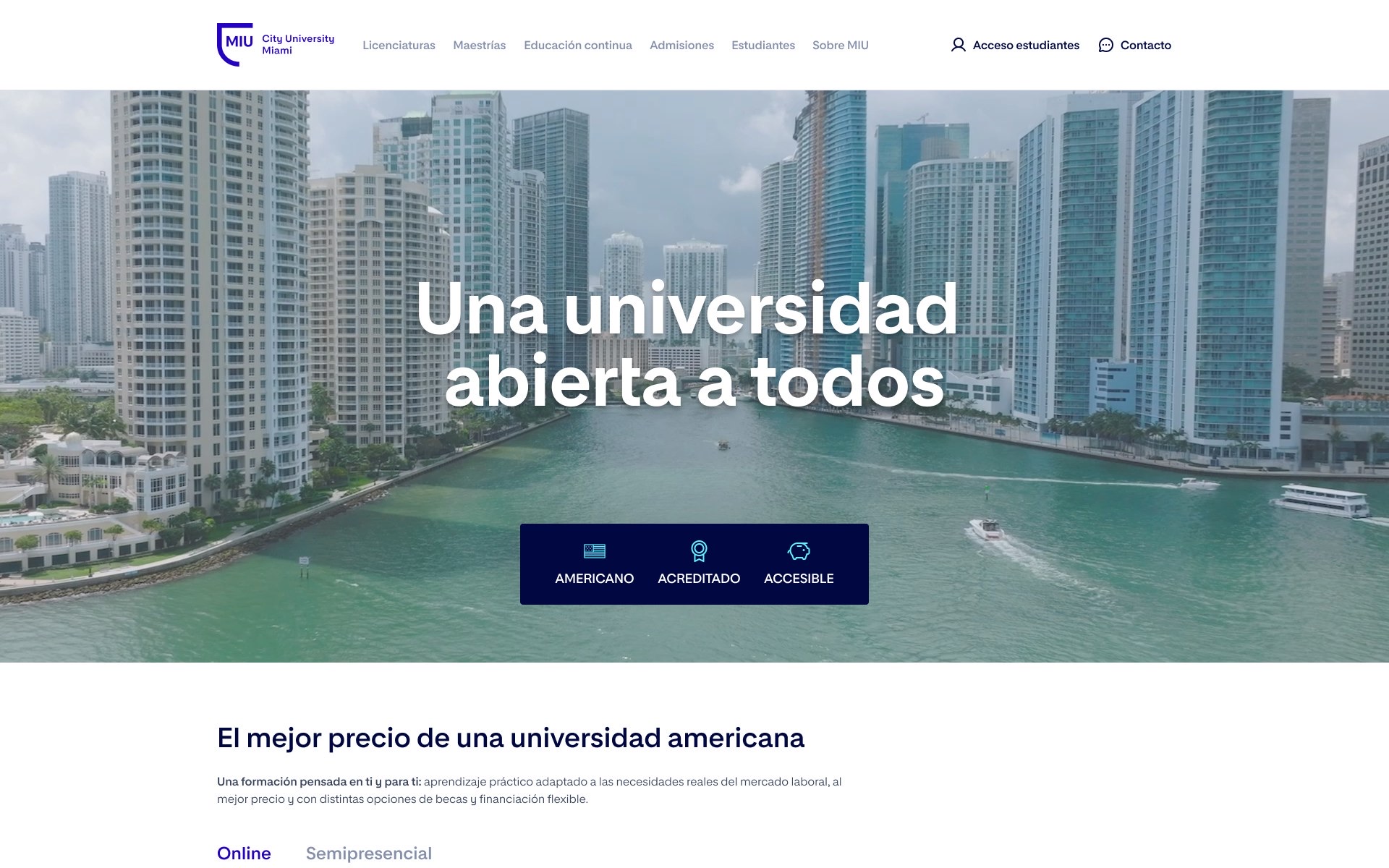 MIU City University Miami, Web principal · Universidad americana