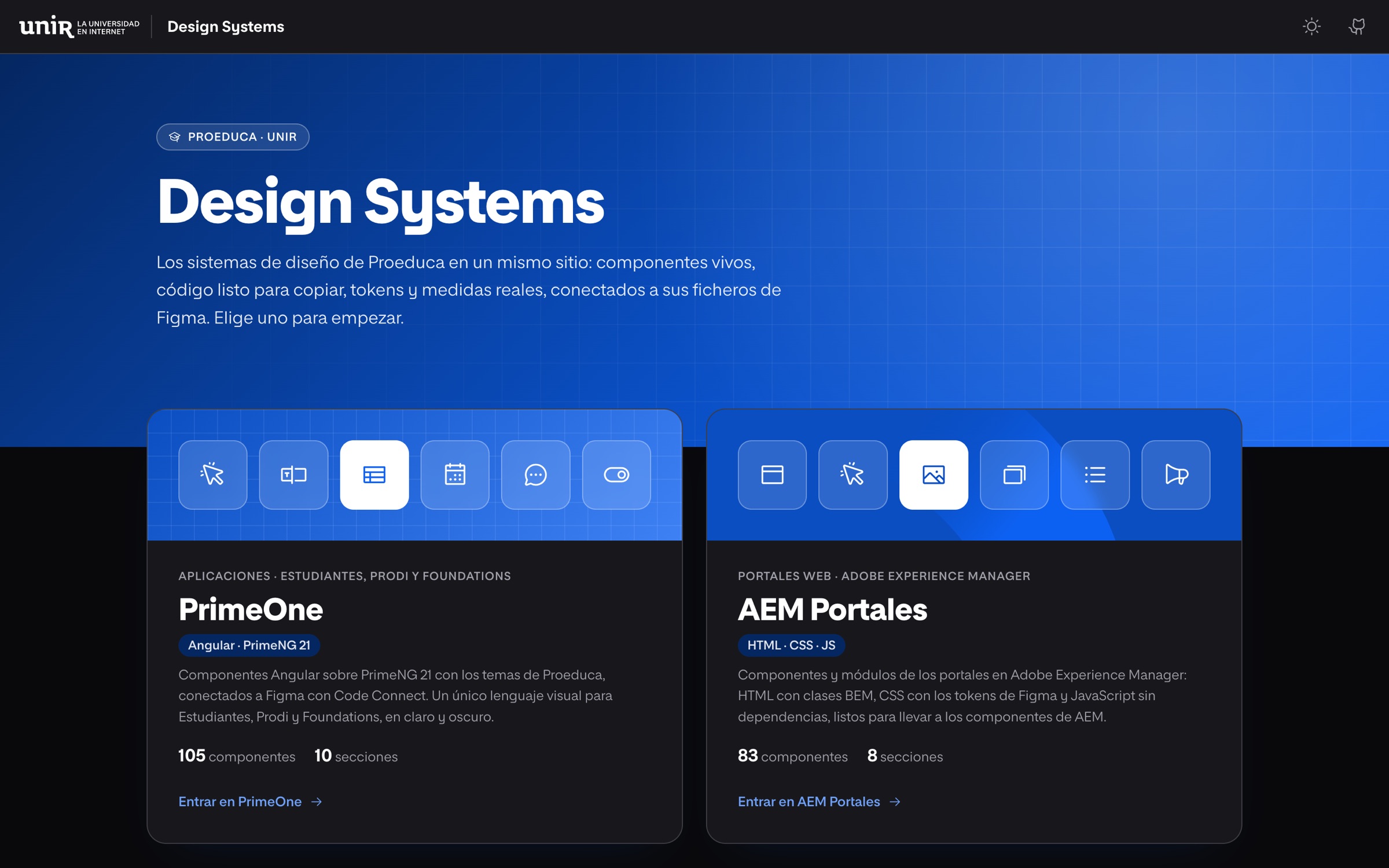 UNIR Design Systems, Home del explorador