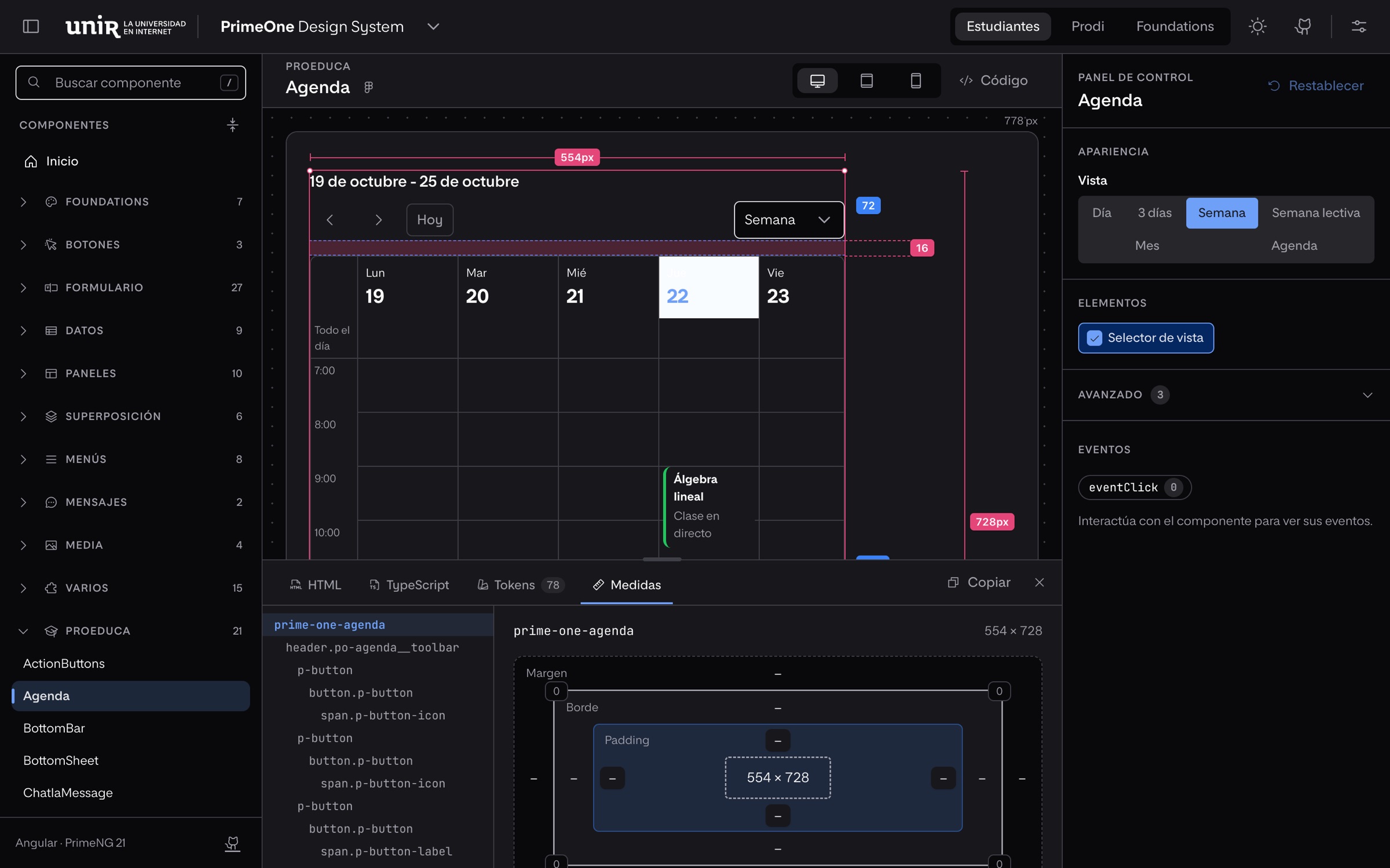 UNIR Design Systems, Componente · Medidas