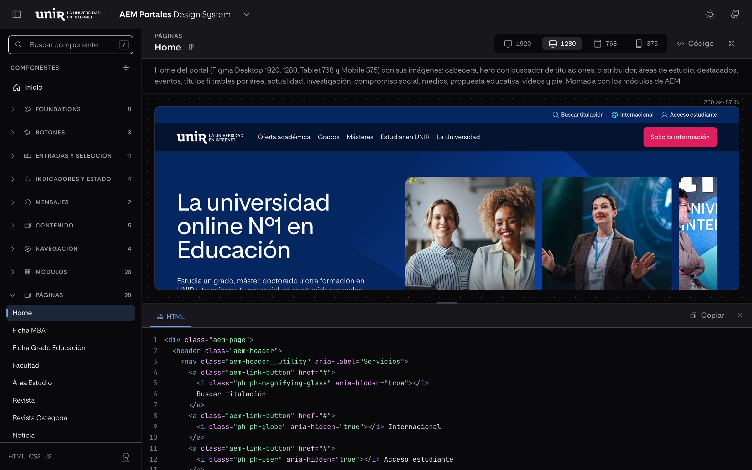 UNIR Design Systems, Plantilla de página AEM